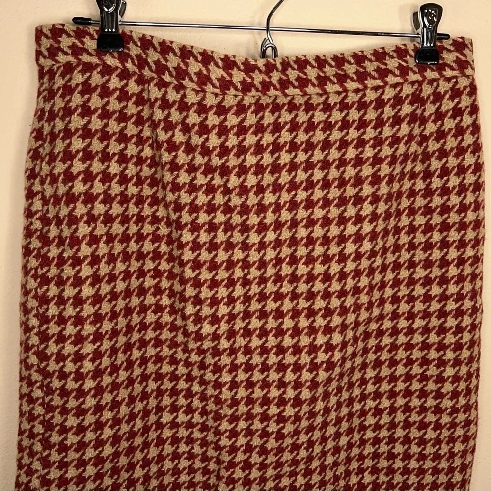 SIZE 10 VINTAGE A GIANNETTI WOOL SKIRT HOUNDSTOOTH BEIGE RED ACADEMIA